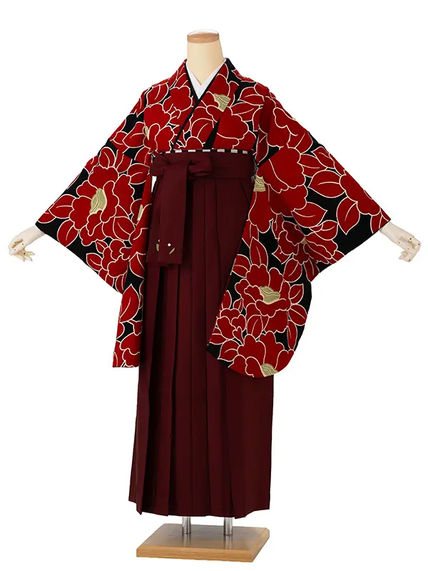 卒業式袴レンタルM0229椿・赤×えんじ