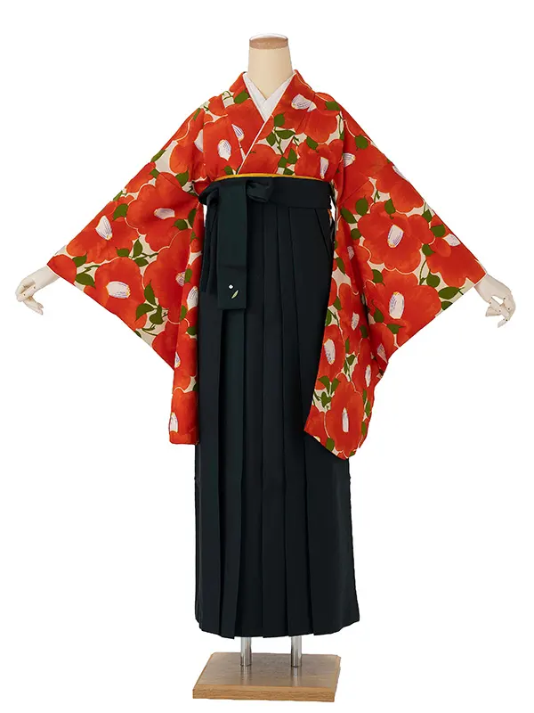 卒業式袴レンタルM0230椿づくし・オレンジ×緑
