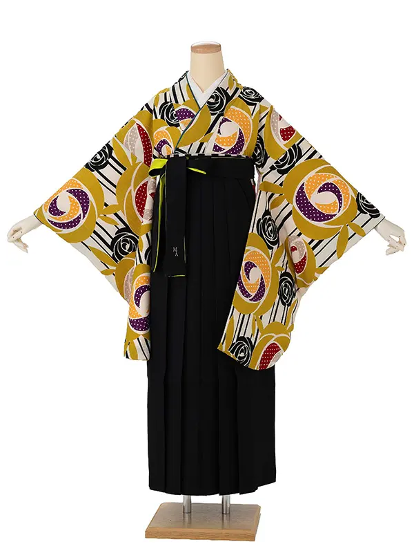 卒業式袴レンタルM0233ドットバラ・カラシ×バイカラー/黒×黄
