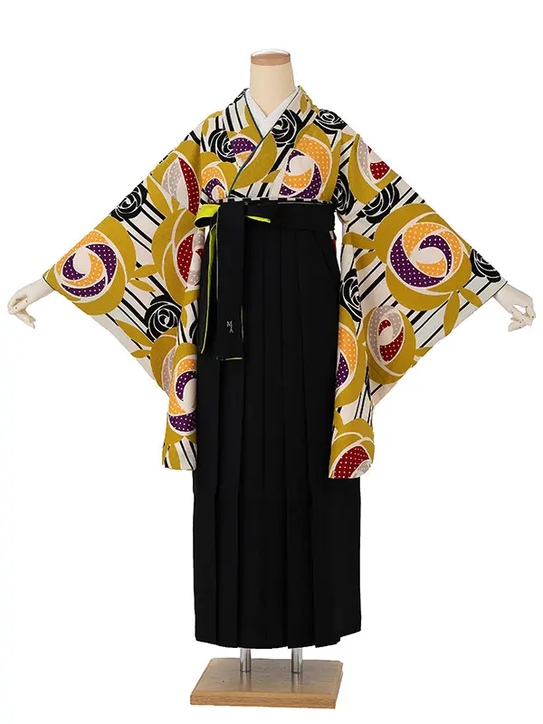 卒業式袴レンタルM0233ドットバラ・カラシ×バイカラー/黒×黄