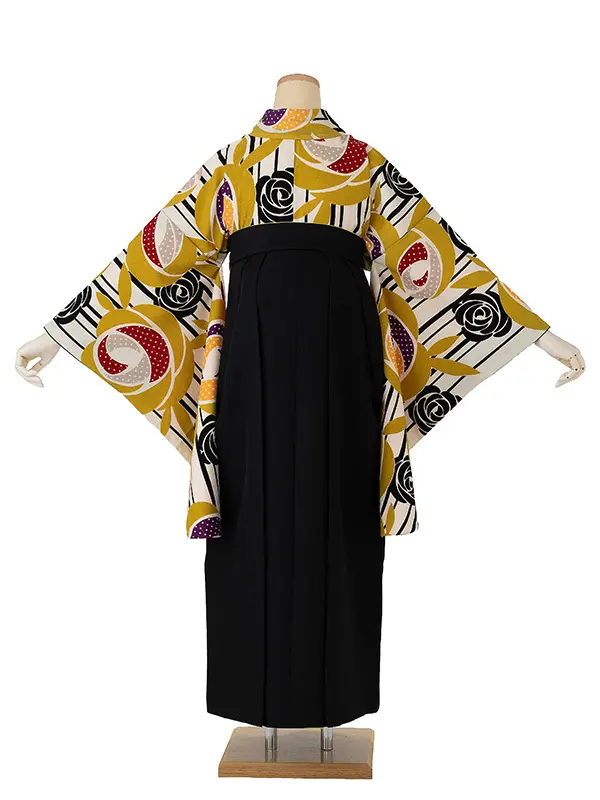卒業式袴レンタルM0233ドットバラ・カラシ×バイカラー/黒×黄