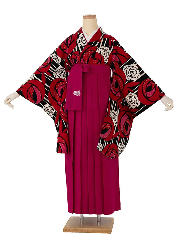 卒業式袴レンタルM0234ドットバラ・黒×赤バラ×ドット／ピンク