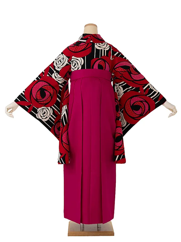 卒業式袴レンタルM0234ドットバラ・黒×赤バラ×ドット／ピンク