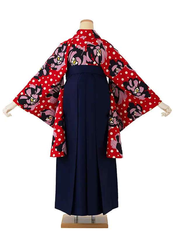 卒業式袴レンタルM0235ドット牡丹・赤×紺