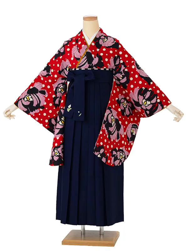 卒業式袴レンタルM0235ドット牡丹・赤×紺