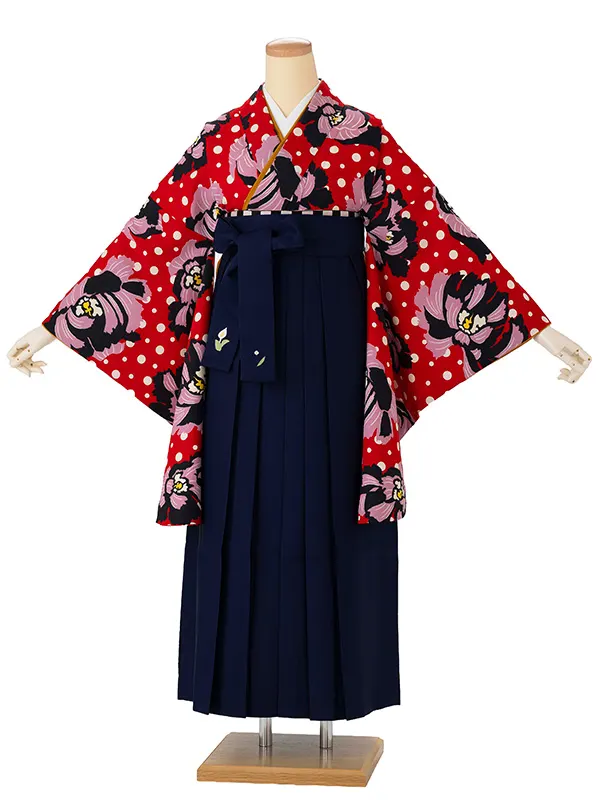 卒業式袴レンタルM0235ドット牡丹・赤×紺