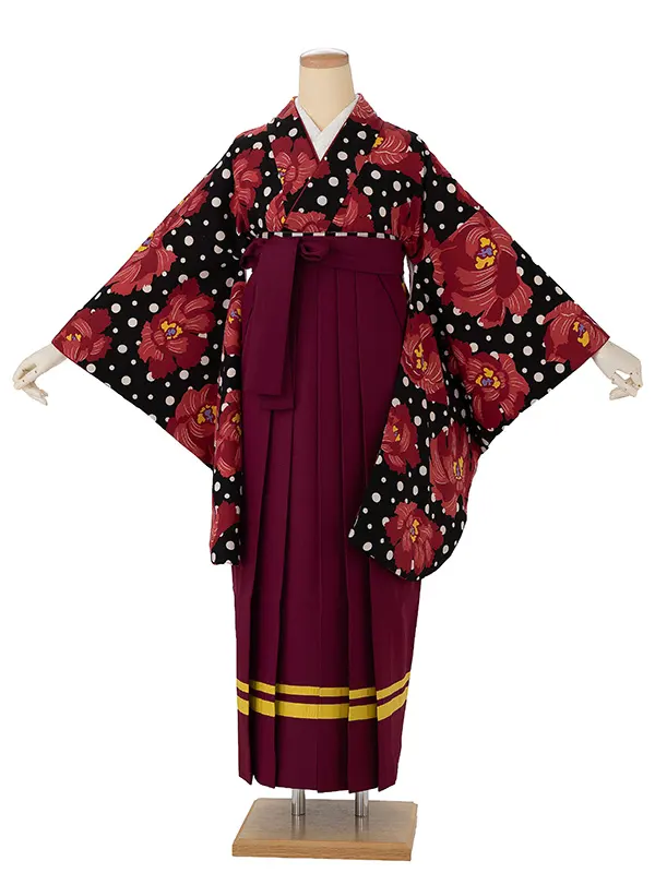 卒業式袴レンタルM0236ドット牡丹・黒×2ライン／エンジ