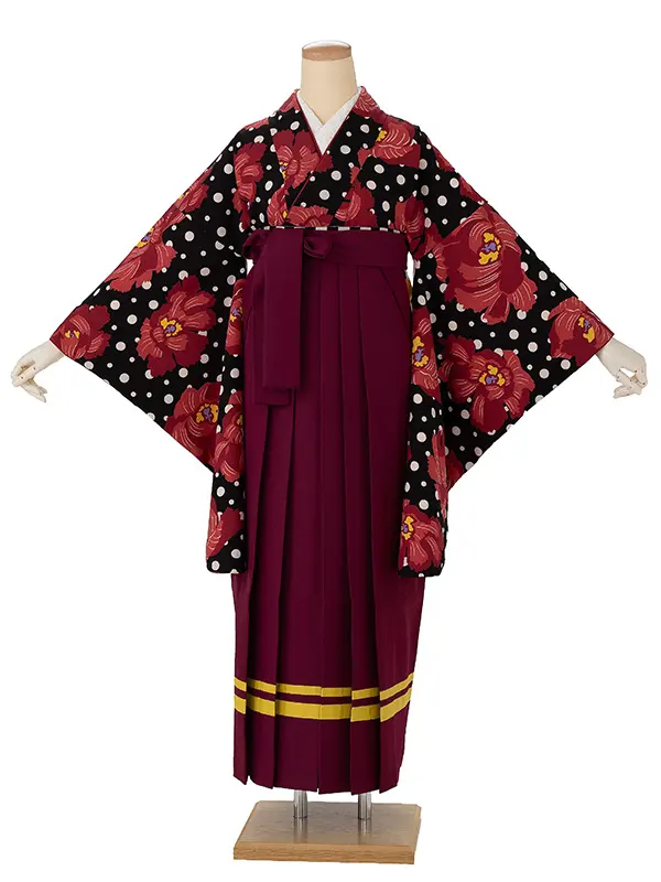 卒業式袴レンタルM0236ドット牡丹・黒×2ライン／エンジ