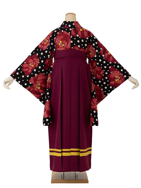 卒業式袴レンタルM0236ドット牡丹・黒×2ライン／エンジ