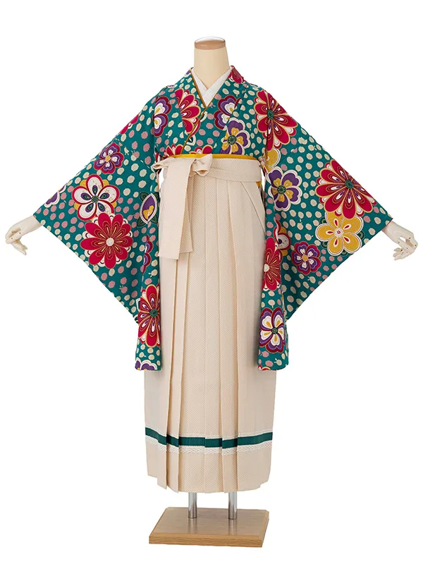 卒業式袴レンタルM0237ねじり梅・緑×ドットライン／ベージュ