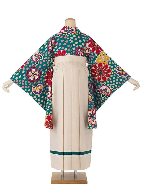 卒業式袴レンタルM0237ねじり梅・緑×ドットライン／ベージュ