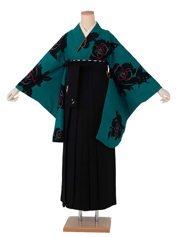 卒業式袴レンタルM0238バラ×蝶・ターコイズ×黒
