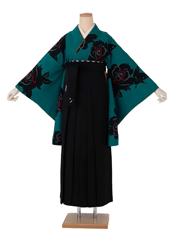 卒業式袴レンタルM0238バラ×蝶・ターコイズ×黒