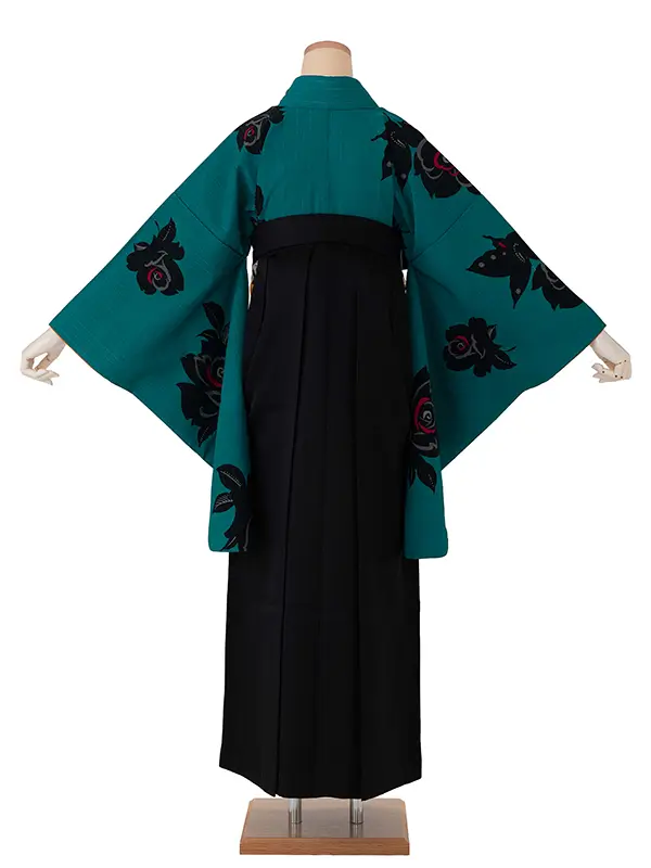 卒業式袴レンタルM0238バラ×蝶・ターコイズ×黒
