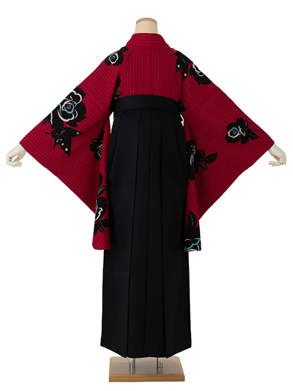 卒業式袴レンタルM0239バラ×蝶・マゼンタ×黒