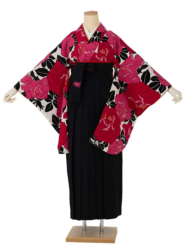 卒業式袴レンタルM0240バラ・オフ×ピンク×ドット／黒