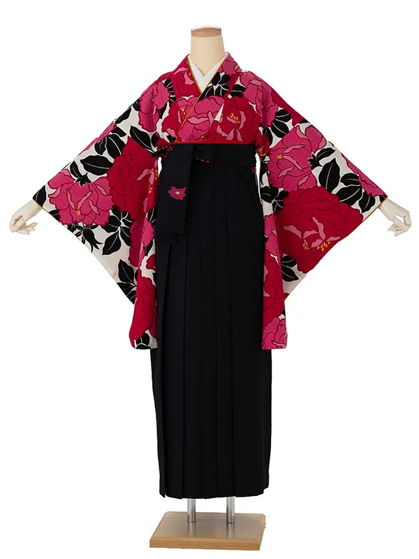 卒業式袴レンタルM0240バラ・オフ×ピンク×ドット／黒