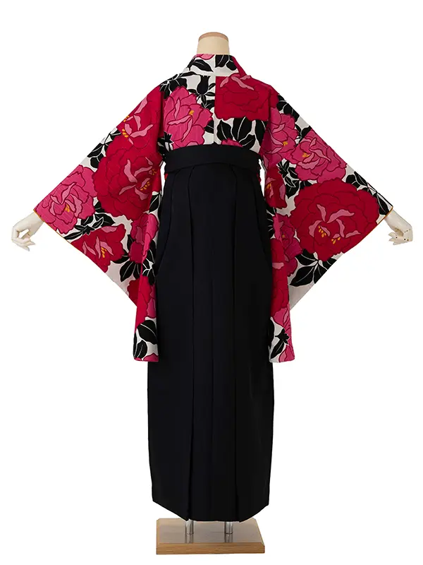 卒業式袴レンタルM0240バラ・オフ×ピンク×ドット／黒