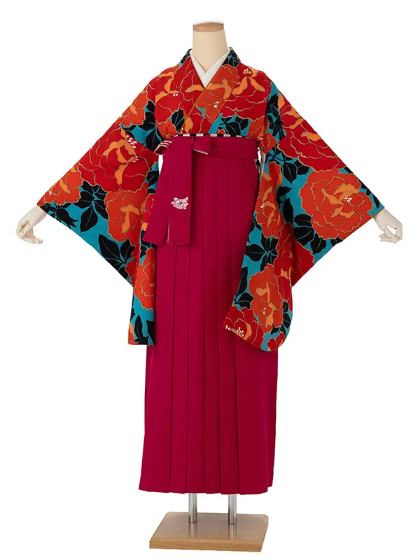 卒業式袴レンタルM0242バラ・ターコイズ×オレンジ×縞／ピンク