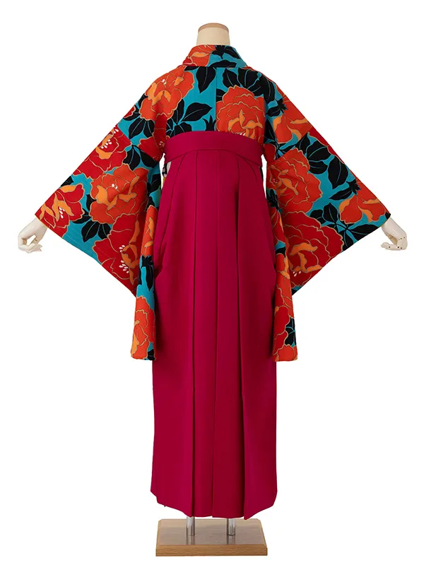 卒業式袴レンタルM0242バラ・ターコイズ×オレンジ×縞／ピンク