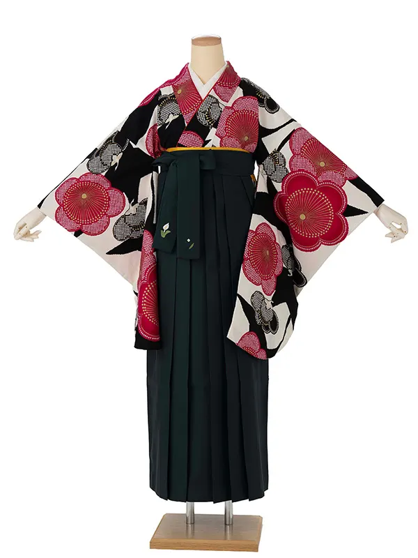 卒業式袴レンタルM0243疋田梅鶴・オフ×マゼンタ×緑