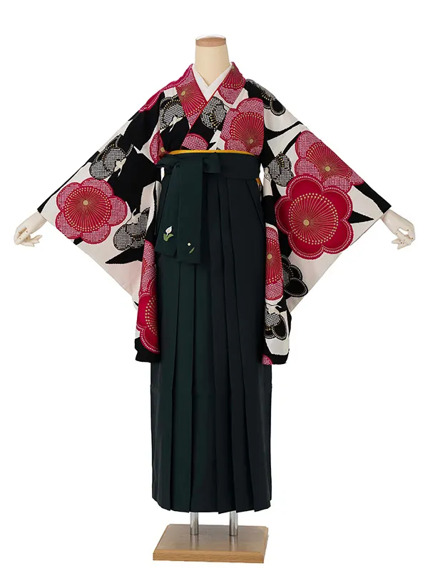 卒業式袴レンタルM0243疋田梅鶴・オフ×マゼンタ×緑