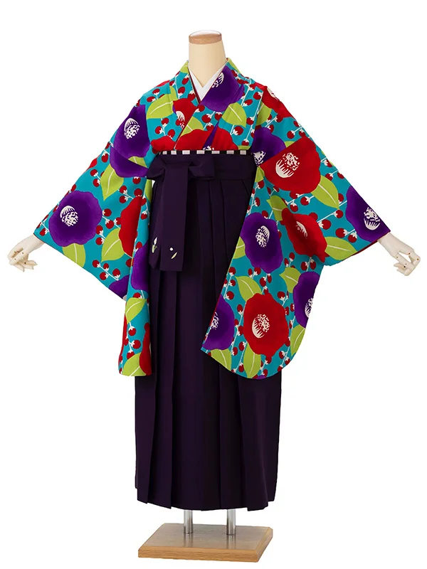卒業式袴レンタルM0245プチカメリア・ターコイズ×紫