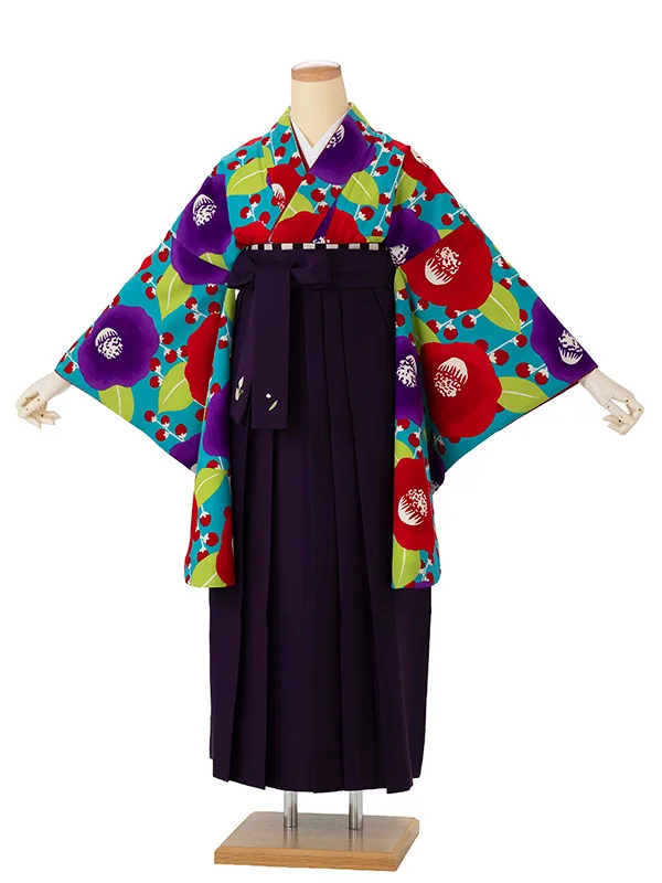 卒業式袴レンタルM0245プチカメリア・ターコイズ×紫