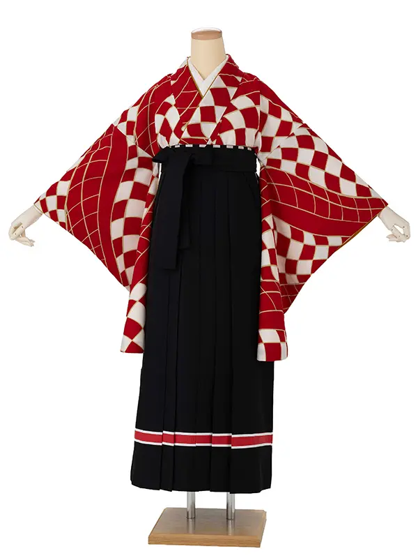 卒業式袴レンタルM0246フラッグチェック・赤×ライン／黒