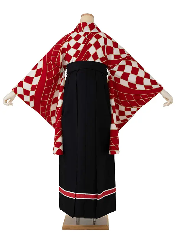 卒業式袴レンタルM0246フラッグチェック・赤×ライン／黒
