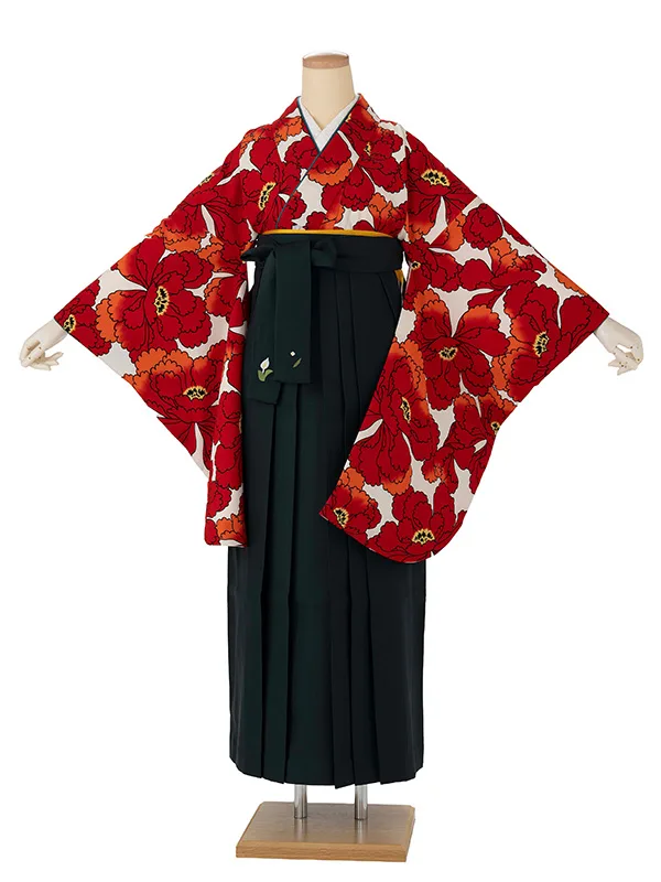 卒業式袴レンタルM0248牡丹・オフ×朱赤×緑