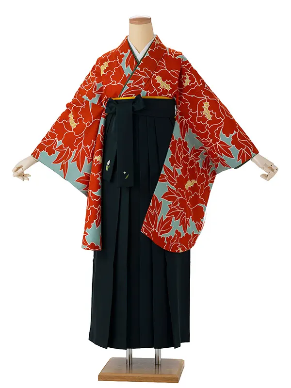 卒業式袴レンタルM0249牡丹・グレー×オレンジ×緑