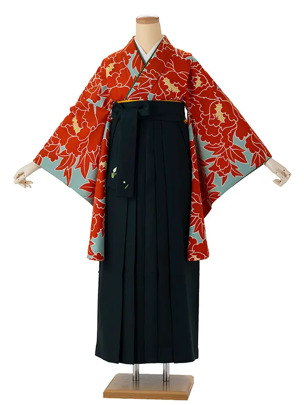 卒業式袴レンタルM0249牡丹・グレー×オレンジ×緑