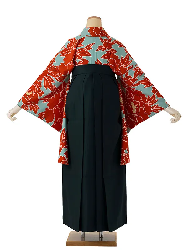 卒業式袴レンタルM0249牡丹・グレー×オレンジ×緑