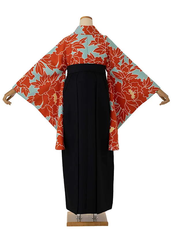 卒業式袴レンタルM0249牡丹・グレー×オレンジ×縞／黒