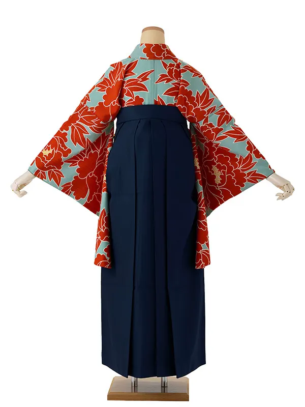 卒業式袴レンタルM0249牡丹・グレー×オレンジ×紺