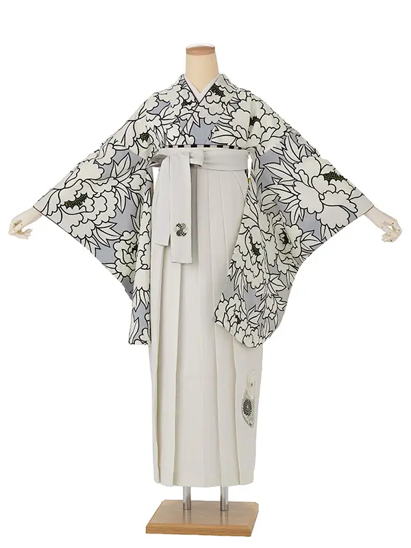 卒業式袴レンタルM0250牡丹・グレー×白×菊絵皿　刺繍・オフ白
