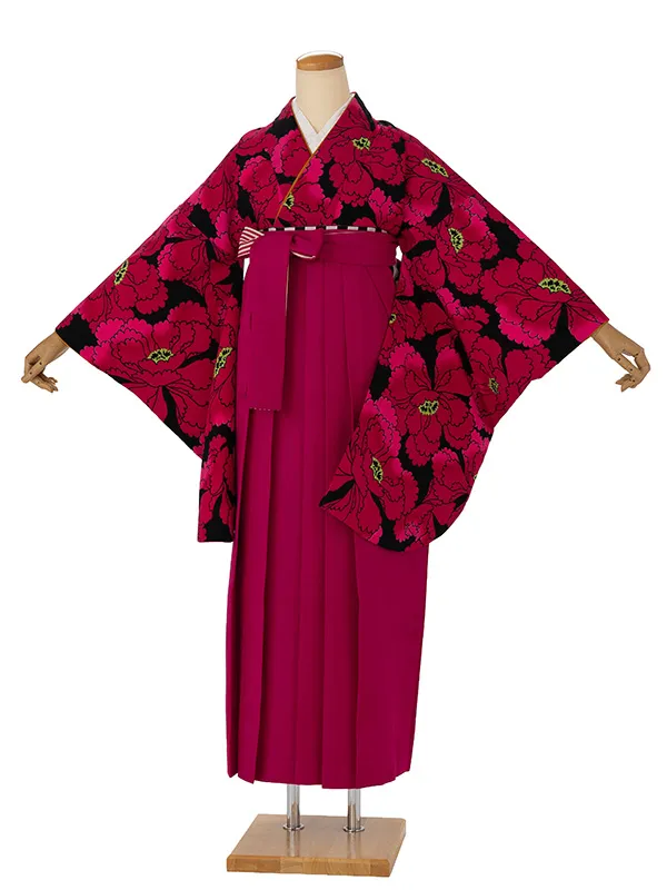 卒業式袴レンタルM0251牡丹・黒×マゼンタ×縞／ピンク