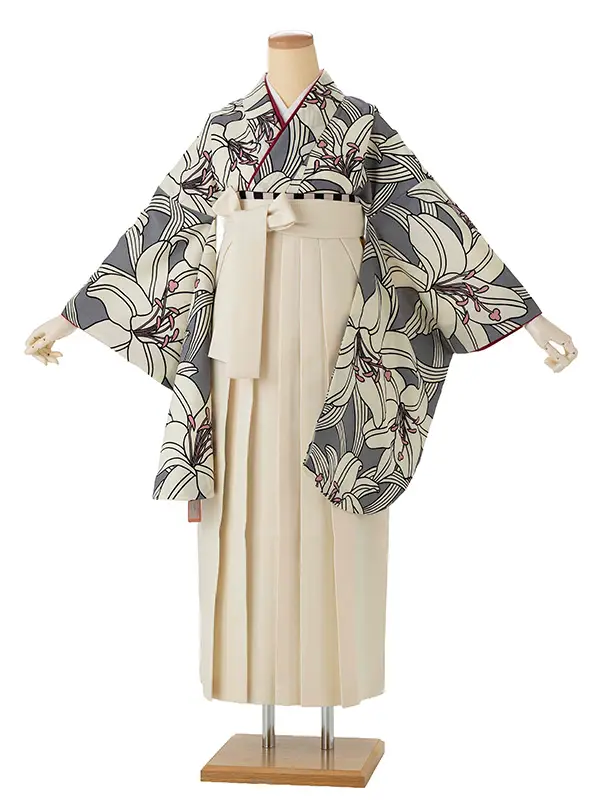 卒業式袴レンタルM0255百合・グレー（ラメ無）×オフホワイト