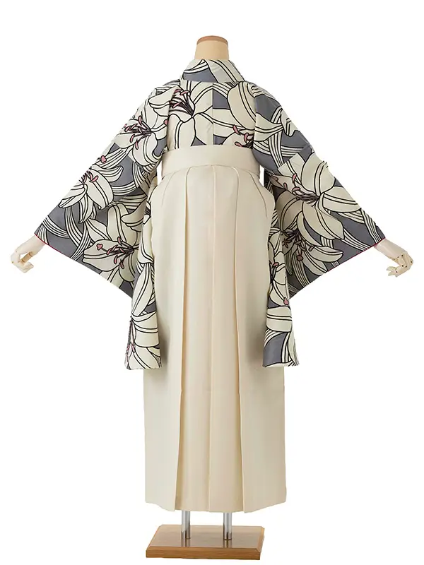 卒業式袴レンタルM0255百合・グレー（ラメ無）×オフホワイト