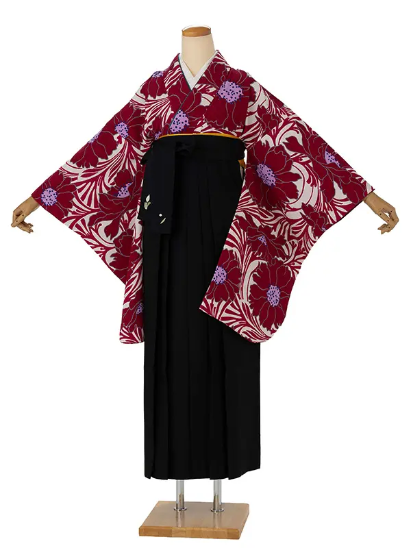 卒業式袴レンタルM0258流水牡丹・マゼンタ×黒