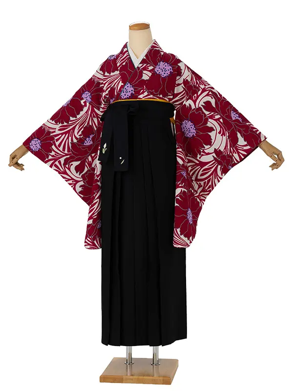卒業式袴レンタルM0258流水牡丹・マゼンタ×黒