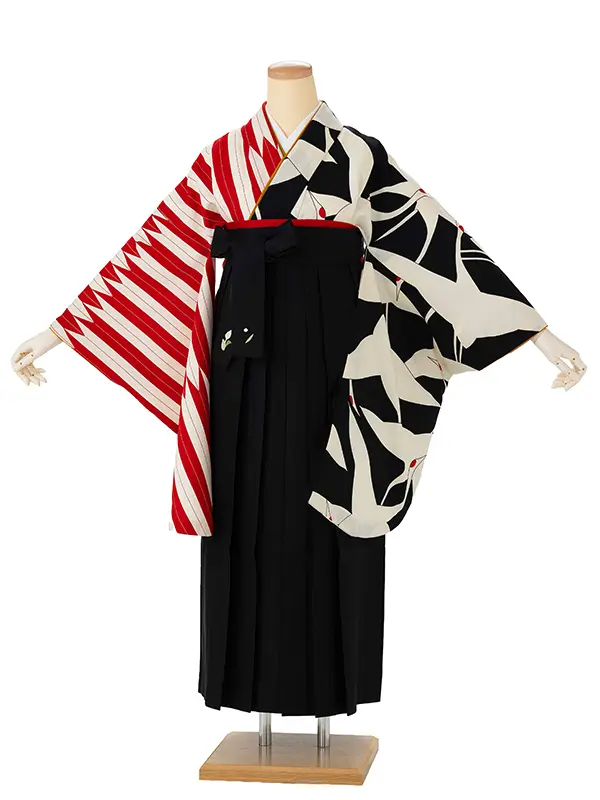 卒業式袴レンタルM0259鶴×矢羽根・黒×赤×黒