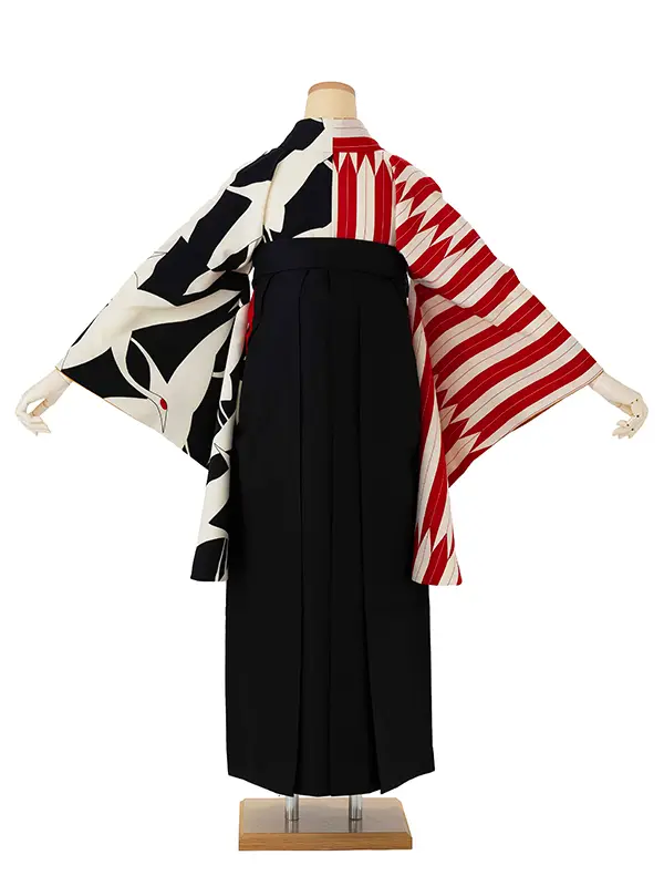 卒業式袴レンタルM0259鶴×矢羽根・黒×赤×黒