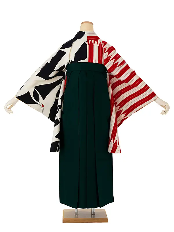 卒業式袴レンタルM0259鶴×矢羽根・黒×赤×緑