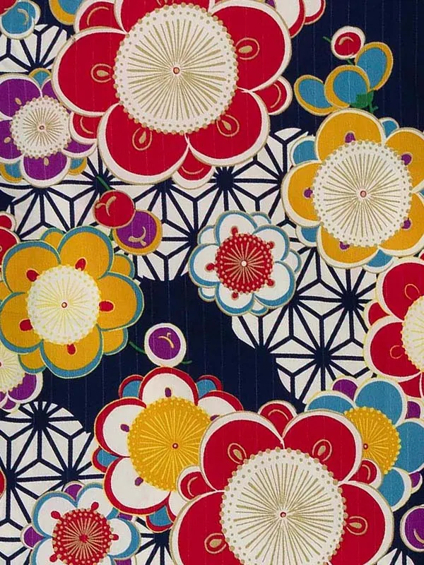 卒業式袴レンタルM0260麻の葉に梅・紺×椿 刺繍/緑