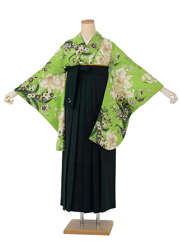 卒業式袴レンタルM0262カトレアと小菊・黄緑×緑