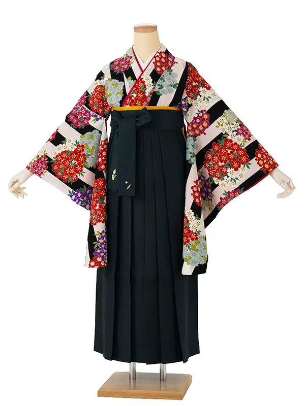 卒業式袴レンタルM0268縞に小花・白×黒×緑