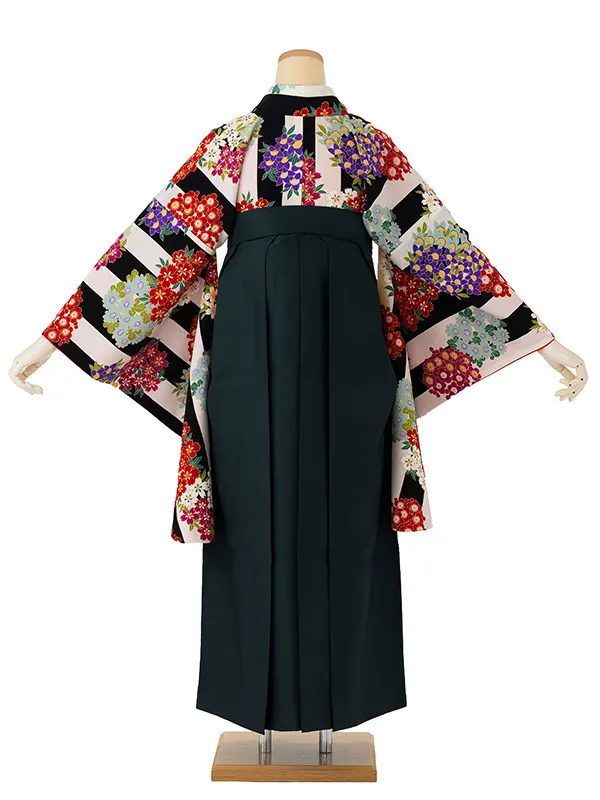 卒業式袴レンタルM0268縞に小花・白×黒×緑