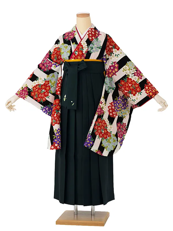 卒業式袴レンタルM0268縞に小花・白×黒×緑